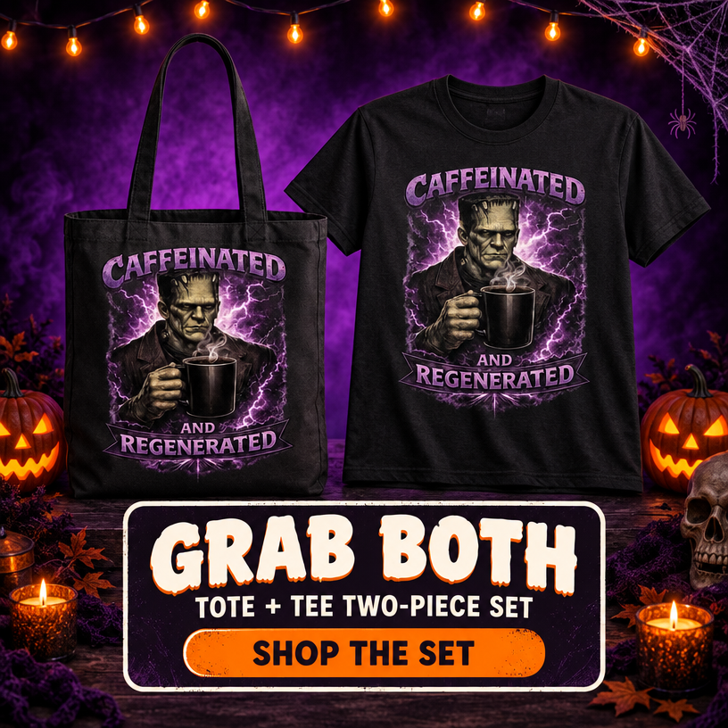 Lisa's Little Shoppe Caffeinated and Regenerated Frankenstein Canvas Tote Bag – Halloween Coffee Lover Gift