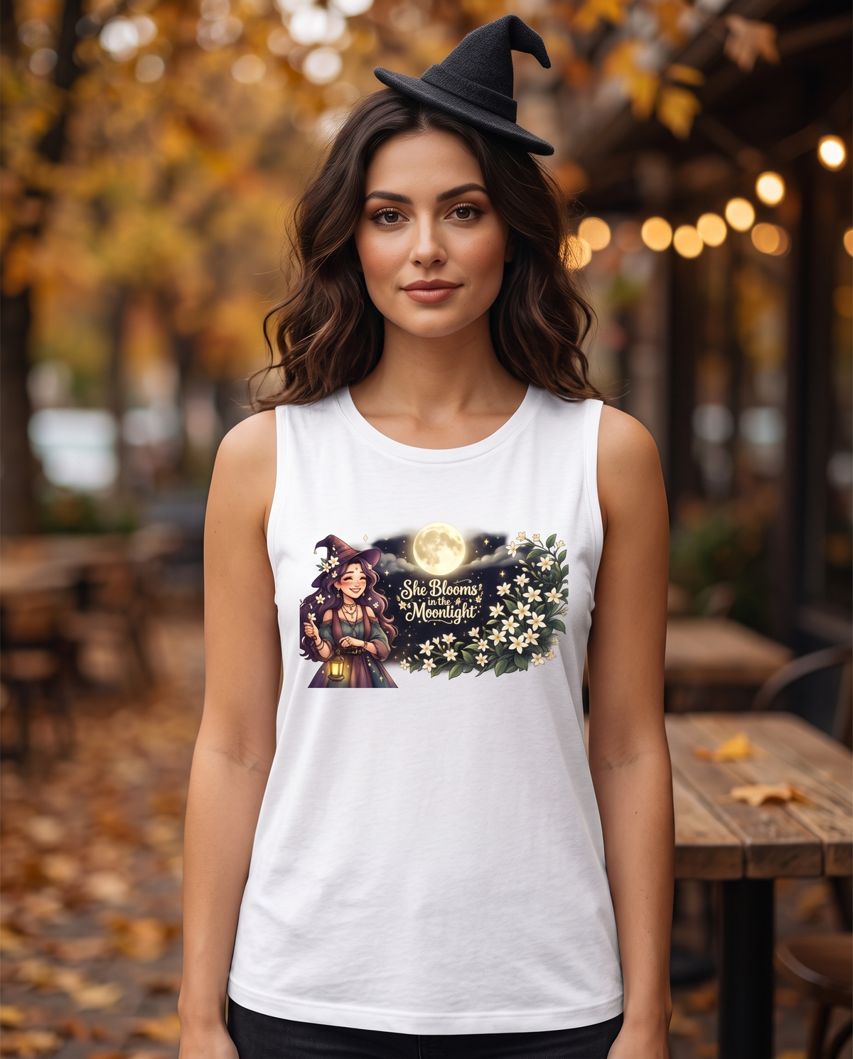 Lisa's Little Shoppe She Blooms in the Moonlight Witchy Floral Racerback Tank Bella+Canvas