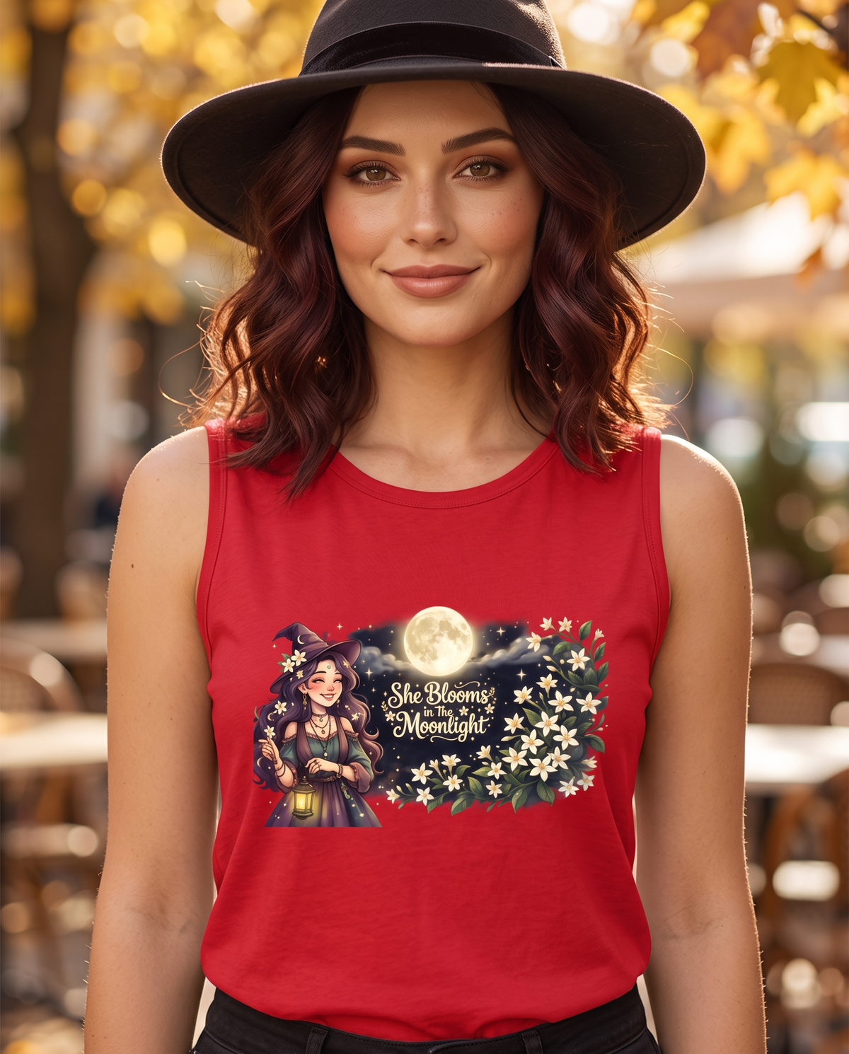 Lisa's Little Shoppe She Blooms in the Moonlight Witchy Floral Racerback Tank Bella+Canvas