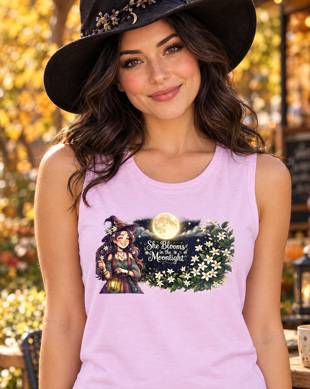 Lisa's Little Shoppe She Blooms in the Moonlight Witchy Floral Racerback Tank Bella+Canvas
