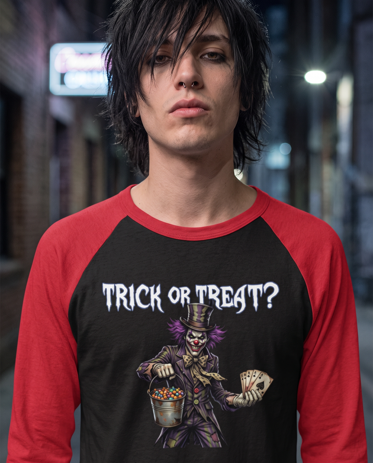 Lisa's Little Shoppe Trick or Treat Creepy Clown Men's Bella+Canvas Baseball Tee | Halloween Exclusive