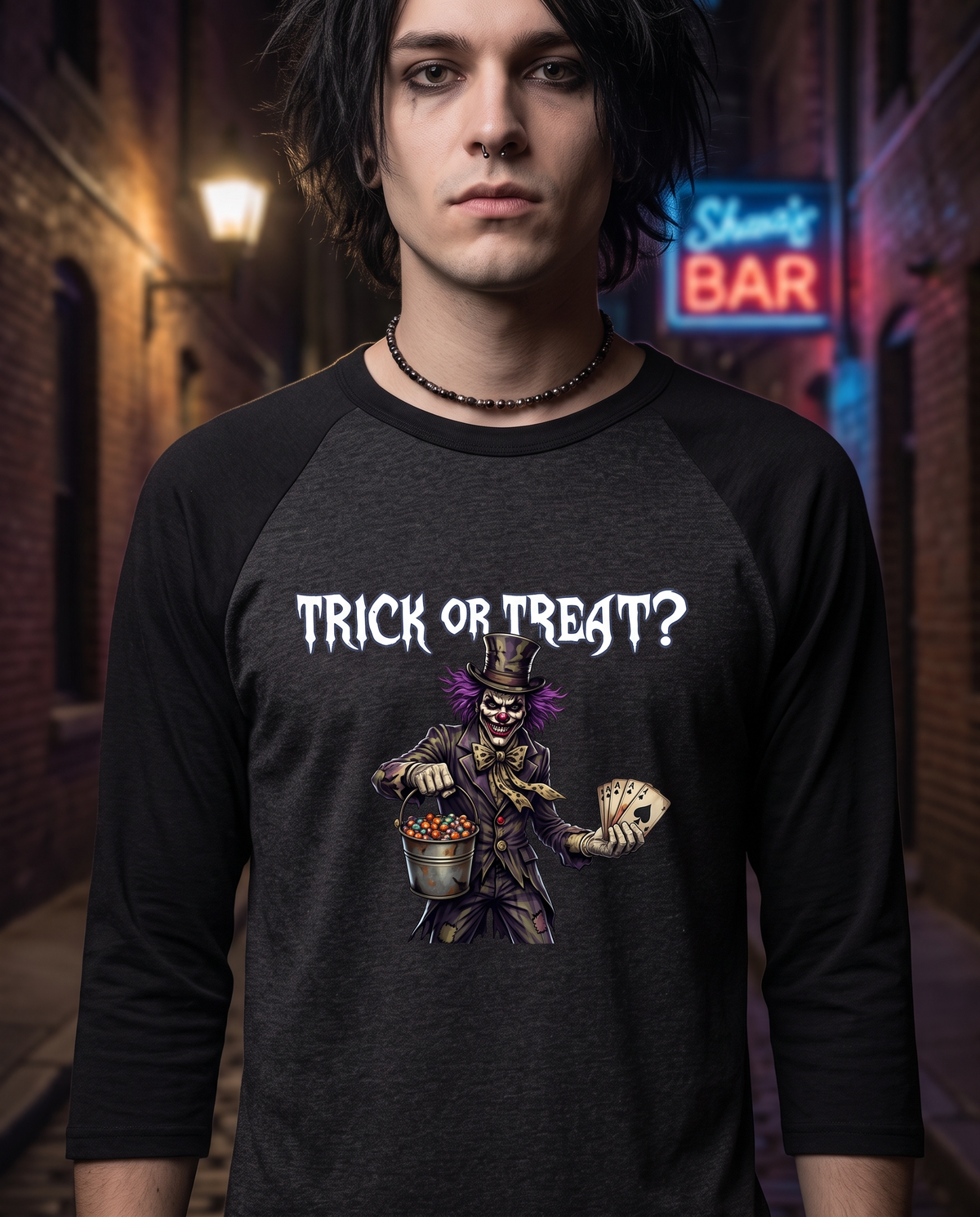 Lisa's Little Shoppe Trick or Treat Creepy Clown Men's Bella+Canvas Baseball Tee | Halloween Exclusive