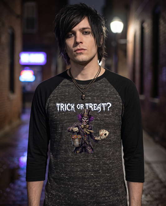 Lisa's Little Shoppe Trick or Treat Creepy Clown Men's Bella+Canvas Baseball Tee | Halloween Exclusive