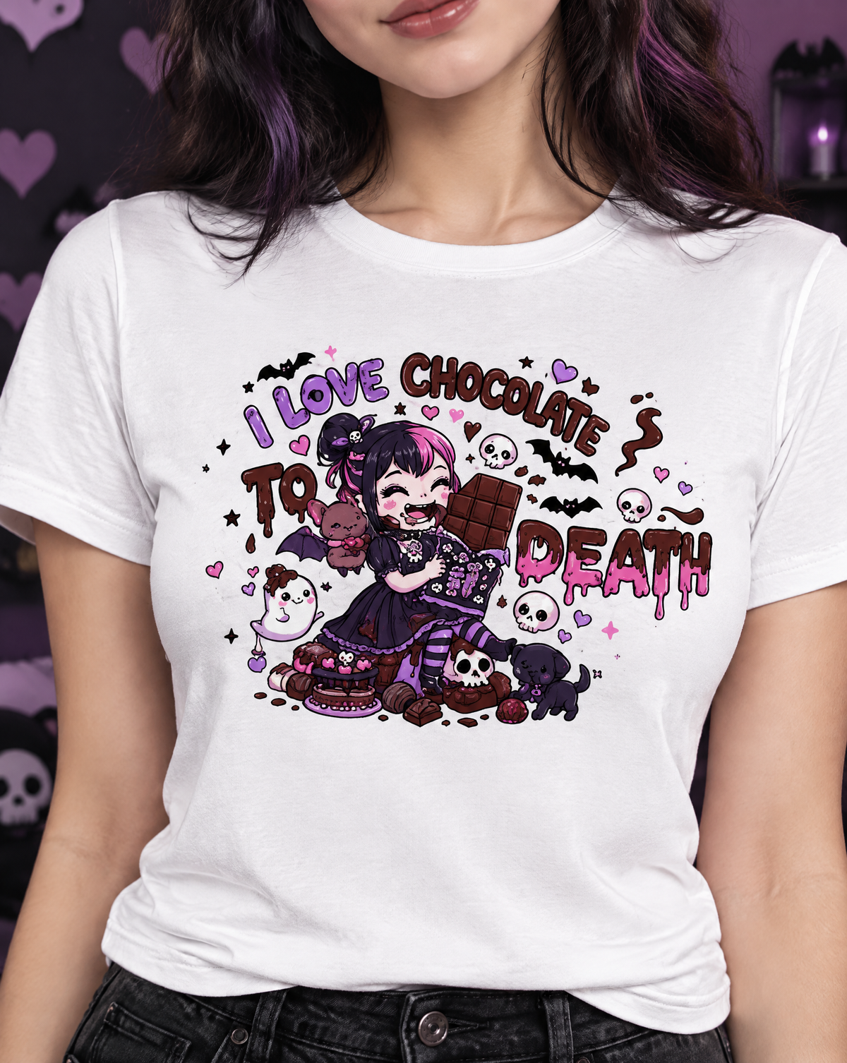 Lisa's Little Shoppe I Love Chocolate to Death Goth Girl T-Shirt | Cute Goth Graphic Tee