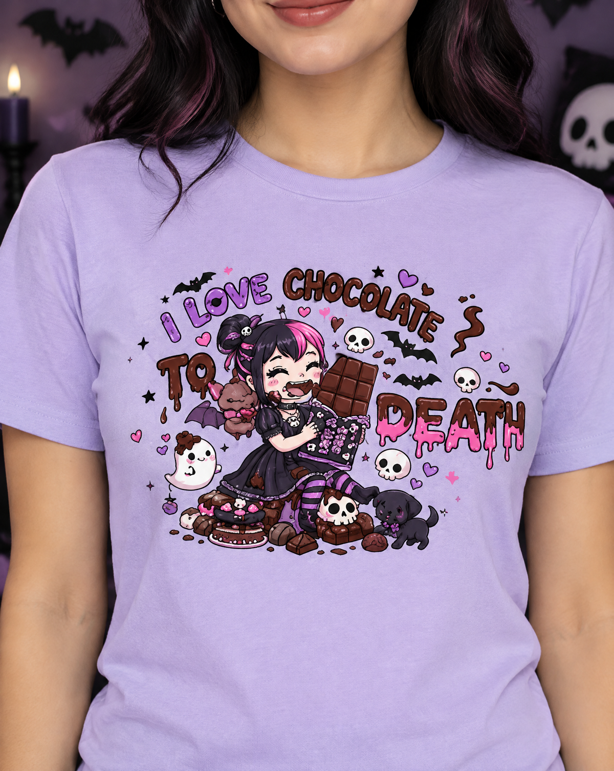 Lisa's Little Shoppe I Love Chocolate to Death Goth Girl T-Shirt | Cute Goth Graphic Tee