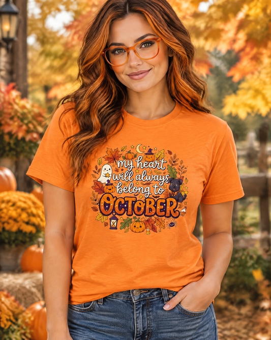 Lisa's Little Shoppe  My Heart Will Always Belong to October | Cute Halloween Bella+Canvas Unisex T-Shirt