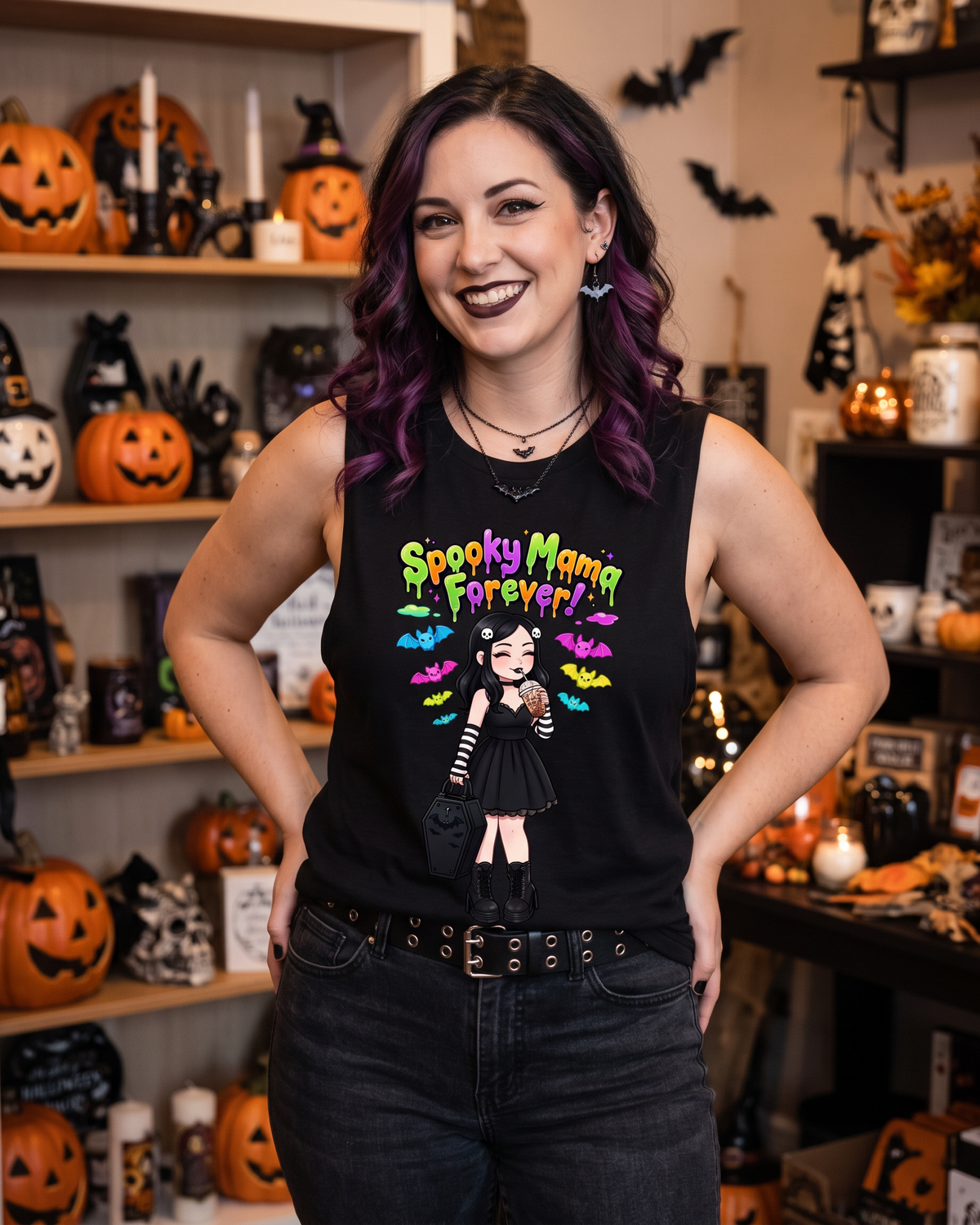Lisa's Little Shoppe Spooky Mama Forever Racerback Tank Top | Neon Bat Halloween Shirt