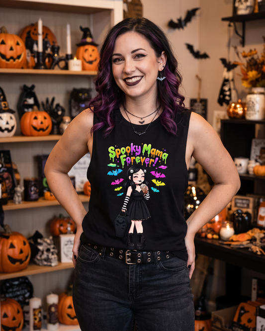 Lisa's Little Shoppe Spooky Mama Forever Racerback Tank Top | Neon Bat Halloween Shirt