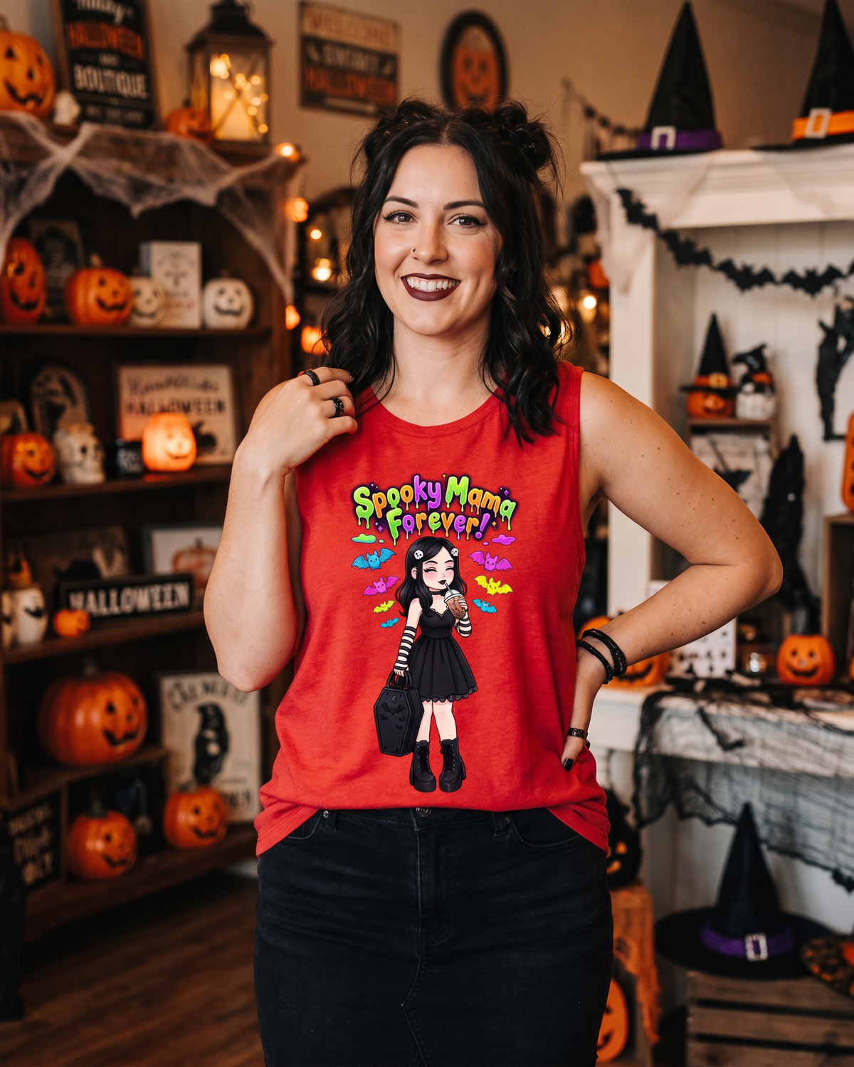 Lisa's Little Shoppe Spooky Mama Forever Racerback Tank Top | Neon Bat Halloween Shirt