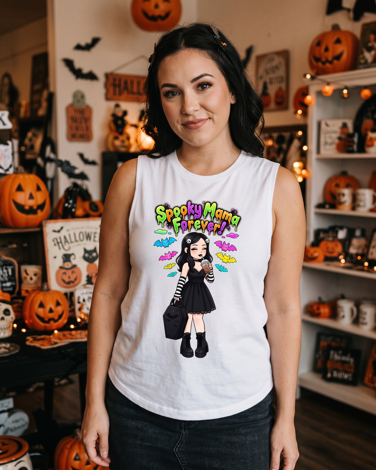 Lisa's Little Shoppe Spooky Mama Forever Racerback Tank Top | Neon Bat Halloween Shirt