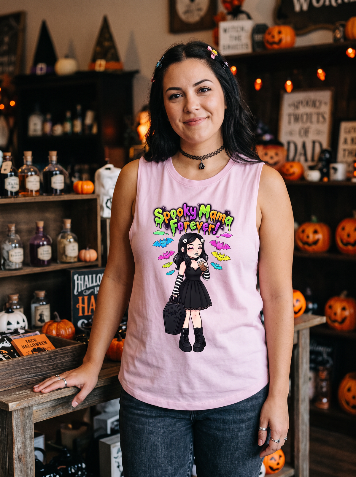 Lisa's Little Shoppe Spooky Mama Forever Racerback Tank Top | Neon Bat Halloween Shirt