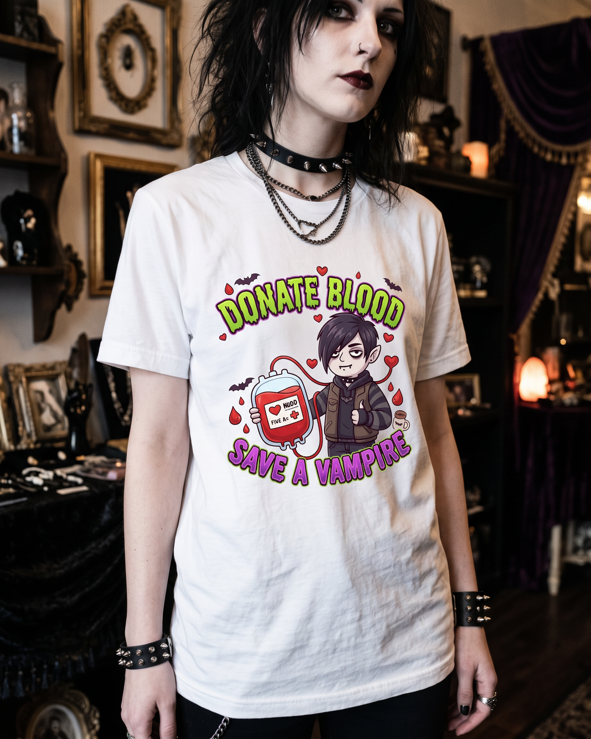 Lisa's Little Shoppe Donate Blood, Save a Vampire – Spooky Cute Vampire Unisex Tee
