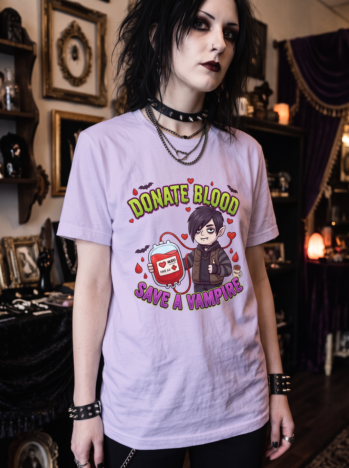 Lisa's Little Shoppe Donate Blood, Save a Vampire – Spooky Cute Vampire Unisex Tee