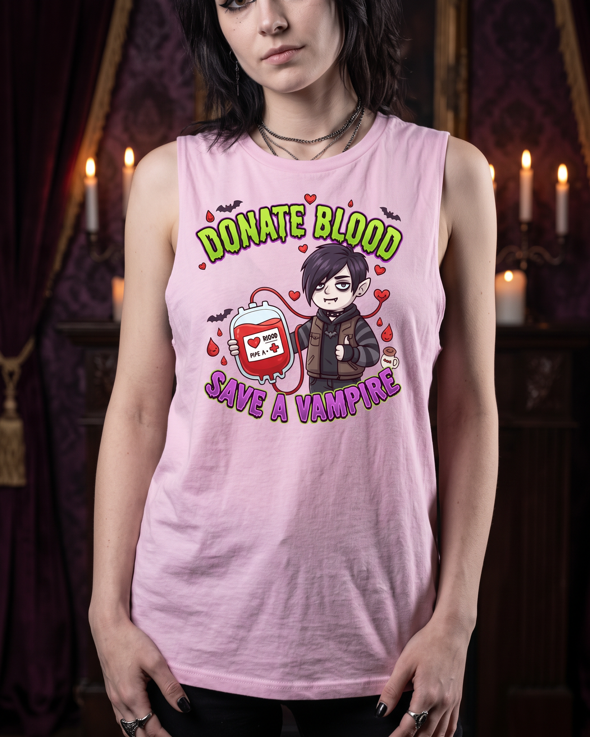 Lisa's Little Shoppe Donate Blood, Save a Vampire – Spooky Cute Vampire Racerback Tank Top