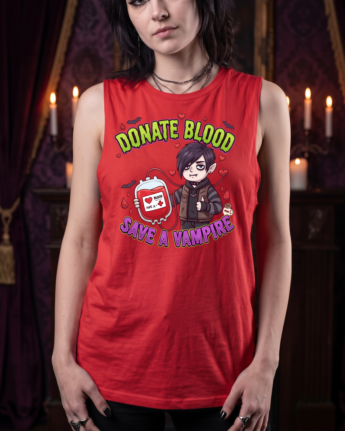 Lisa's Little Shoppe Donate Blood, Save a Vampire – Spooky Cute Vampire Racerback Tank Top