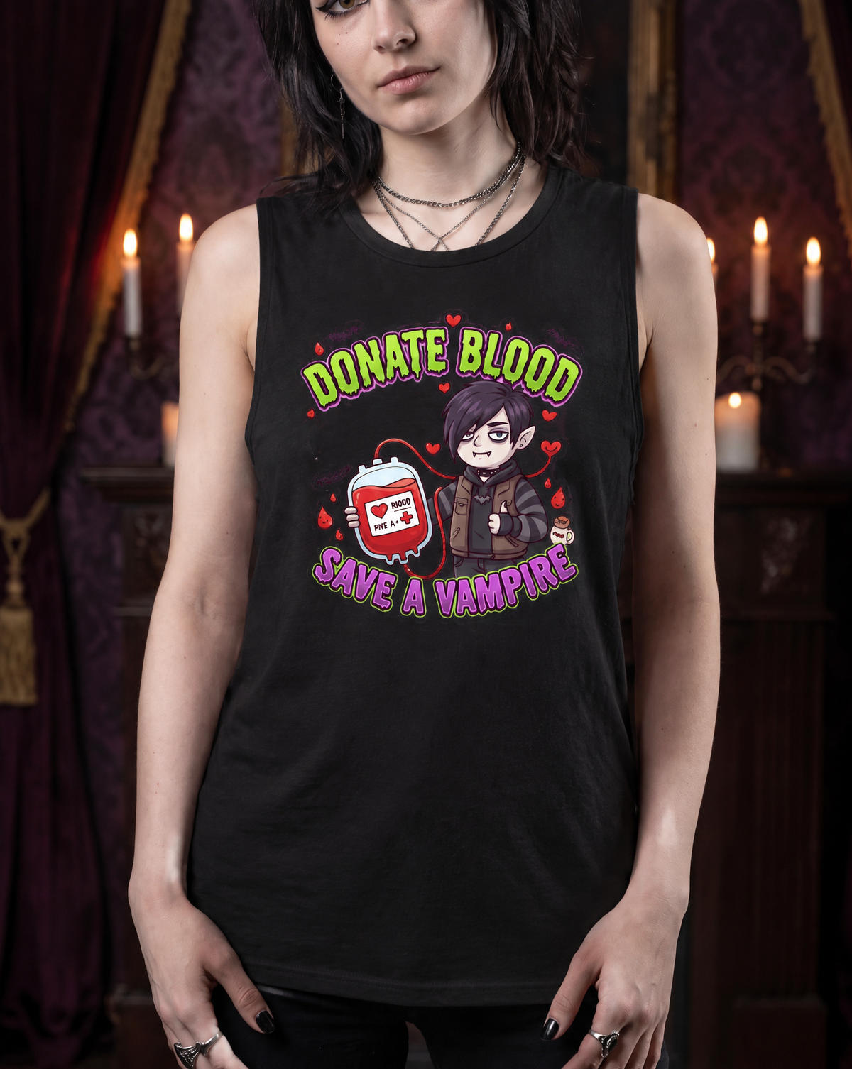 Lisa's Little Shoppe Donate Blood, Save a Vampire – Spooky Cute Vampire Racerback Tank Top