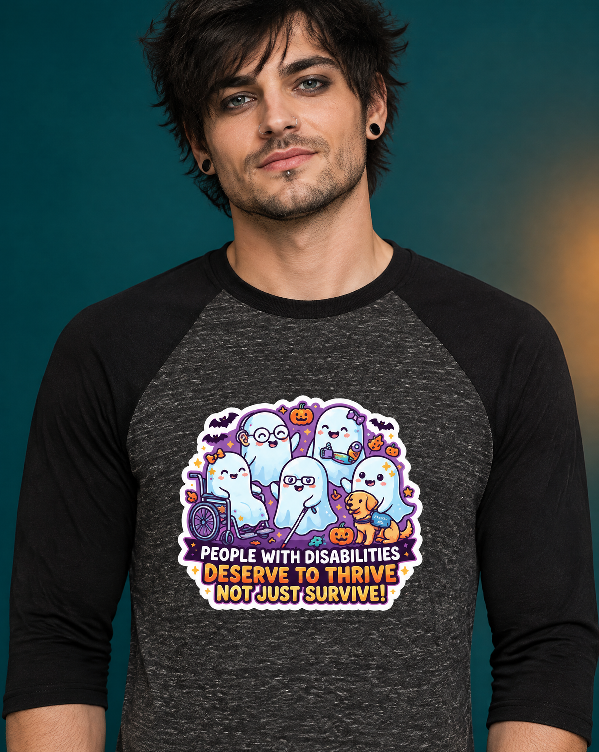 Lisa's Little Shoppe People with Disabilities Deserve to Thrive Baseball Tee | Inclusive Spooky Cute Raglan Shirt