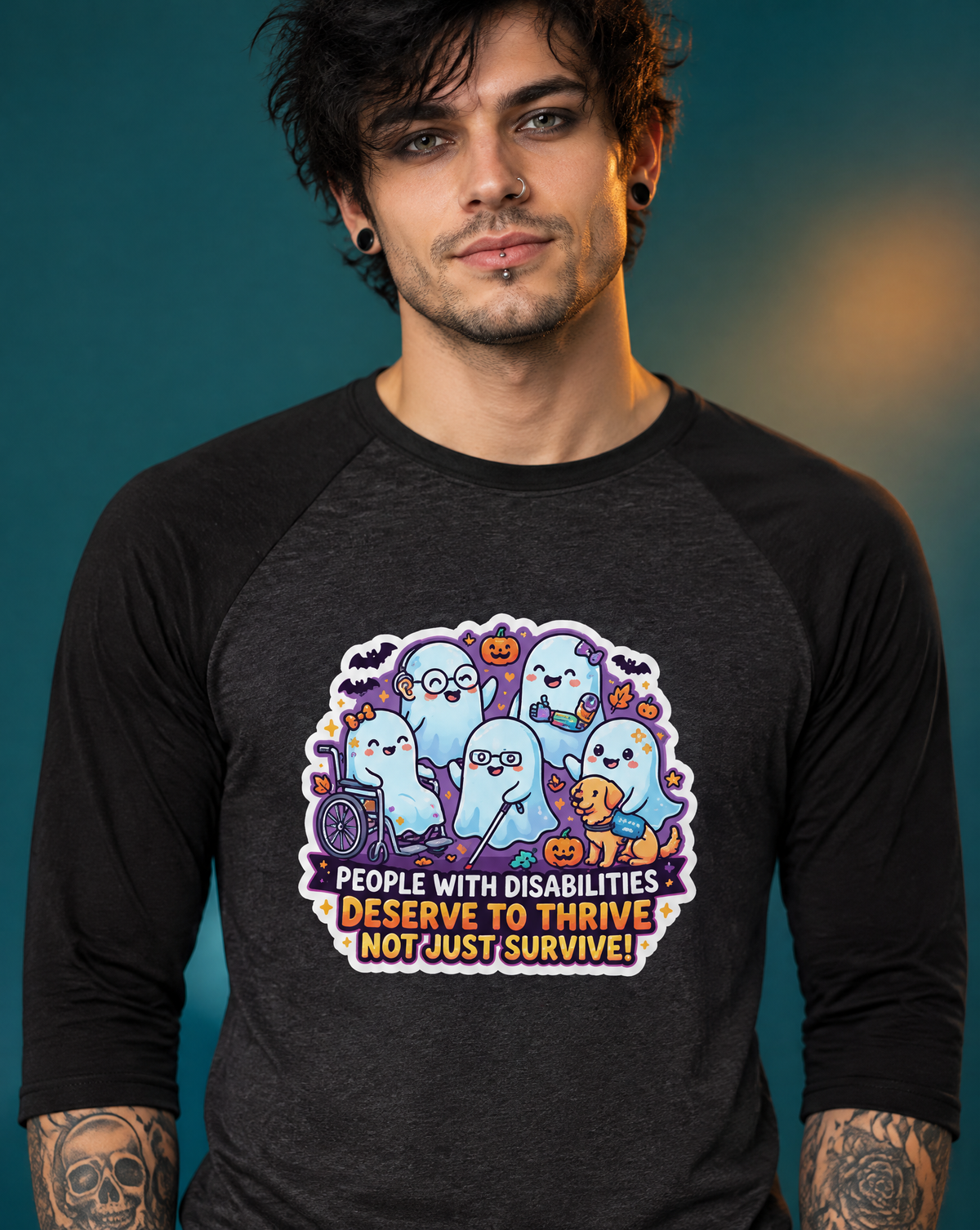 Lisa's Little Shoppe People with Disabilities Deserve to Thrive Baseball Tee | Inclusive Spooky Cute Raglan Shirt