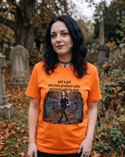 Lisa's Little Shoppe Just a Girl Who Loves Graveyard Walks & Picnics with the Dead – Bella+Canvas Unisex Tee
