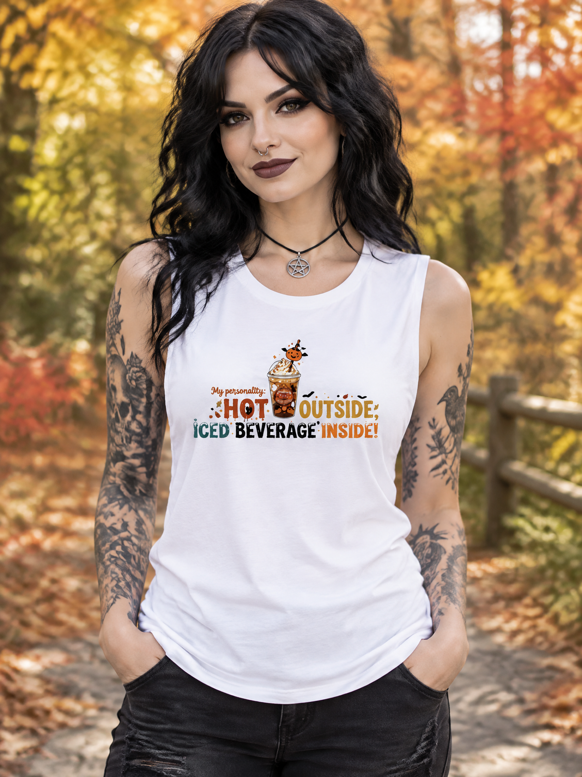 Lisa's  Little Shoppe Hot Outside, Iced Beverage Inside – Bella+Canvas Racerback Tank Top | Cute Pumpkin Coffee Shirt