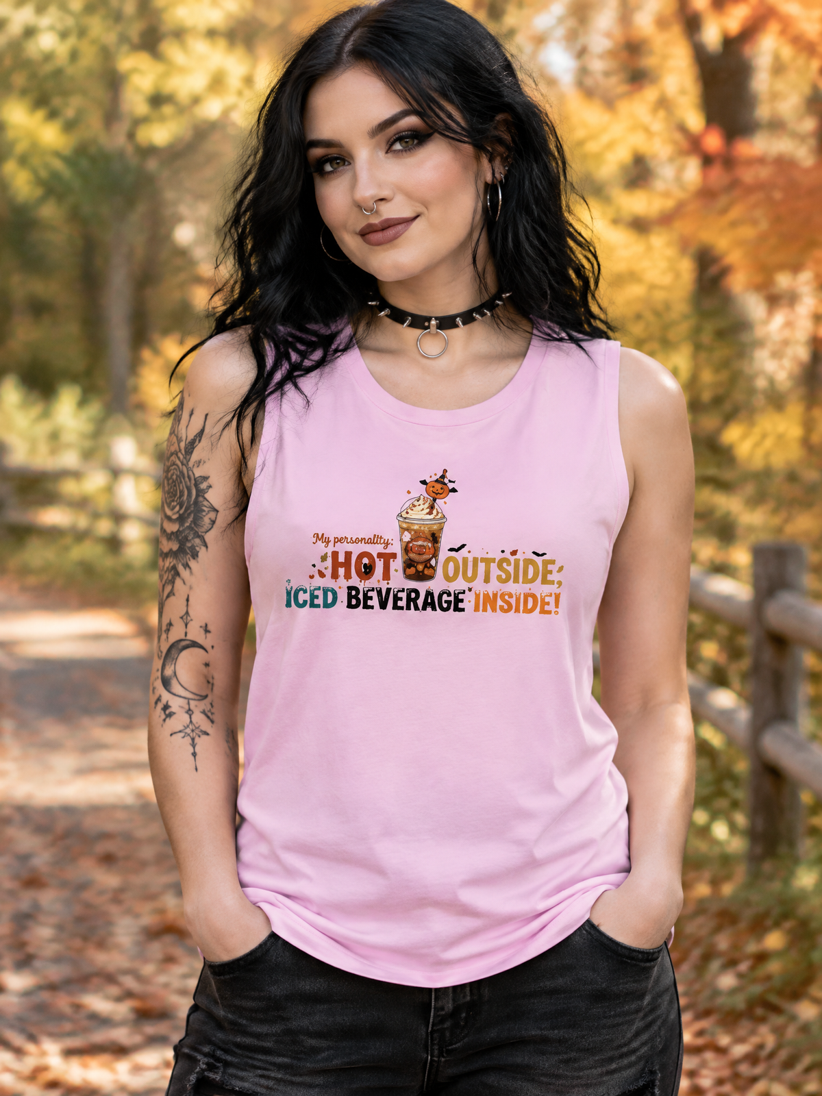 Lisa's  Little Shoppe Hot Outside, Iced Beverage Inside – Bella+Canvas Racerback Tank Top | Cute Pumpkin Coffee Shirt