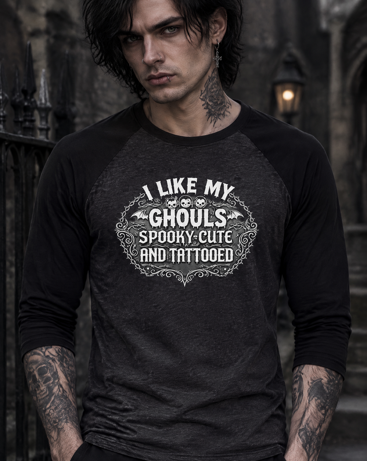 Lisa's Little Shoppe I Like My Ghouls Spooky Cute and Tattooed Baseball Tee