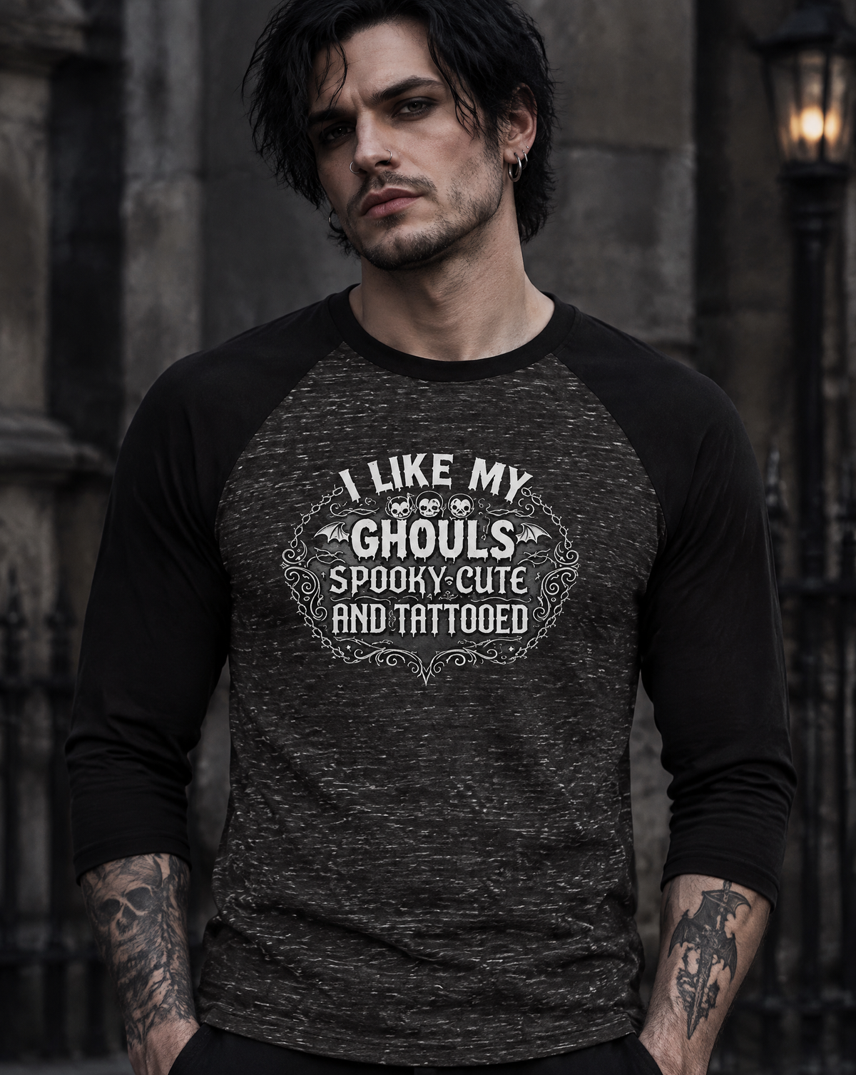 Lisa's Little Shoppe I Like My Ghouls Spooky Cute and Tattooed Baseball Tee