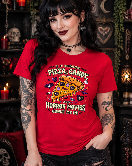 Lisa's Little Shoppe If It Involves Pizza, Candy & Horror Movies Tee | Spooky Cute Unisex Shirt