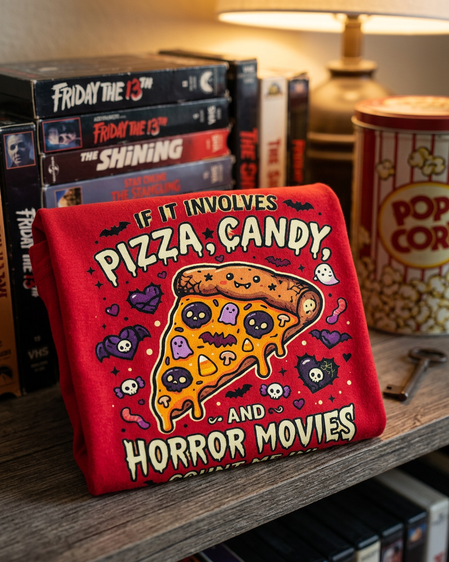 Lisa's Little Shoppe If It Involves Pizza, Candy, and Horror Movies Count Me In Tee
