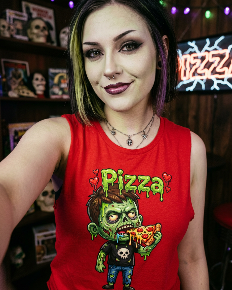 Lisa's Little Shoppe Zombie Pizza Lover Bella+Canvas Racerback Tank Top | Spooky Cute Halloween Graphic