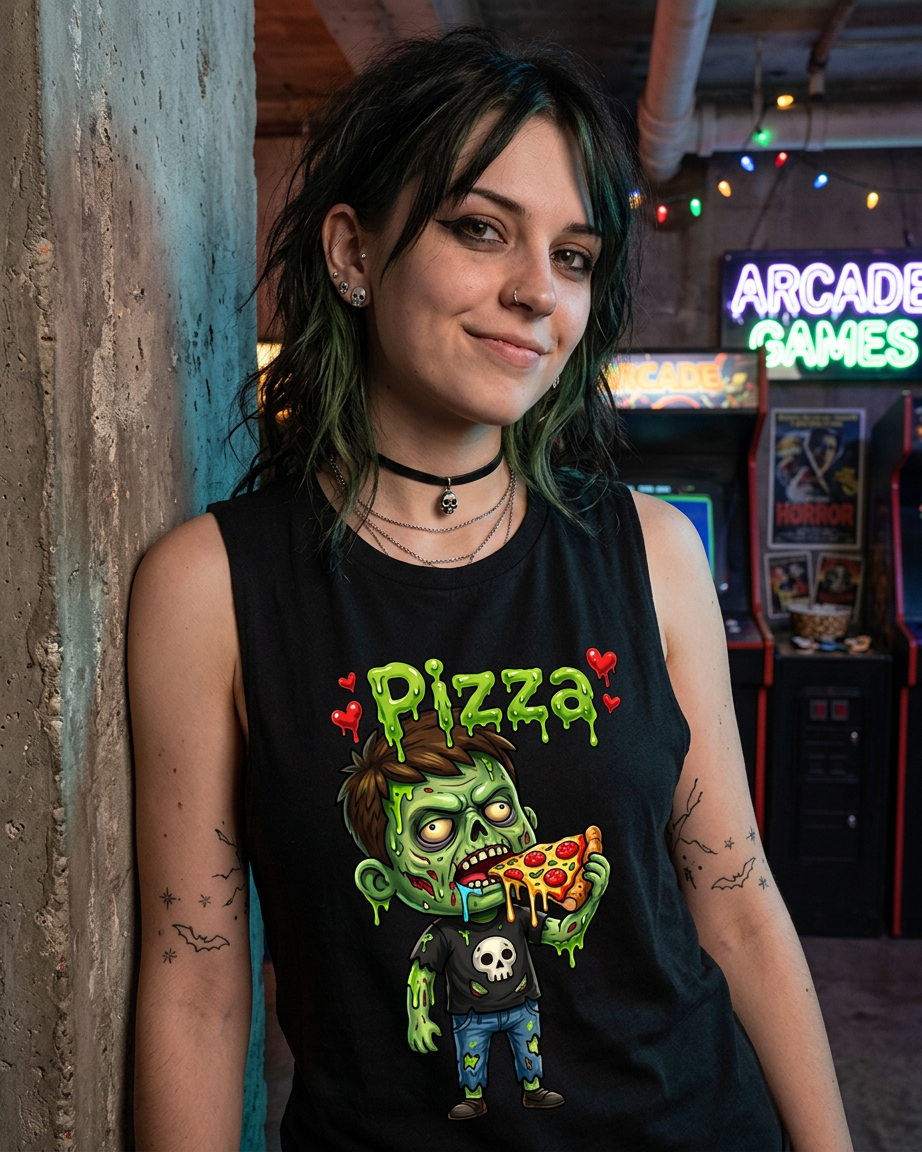 Lisa's Little Shoppe Zombie Pizza Lover Bella+Canvas Racerback Tank Top | Spooky Cute Halloween Graphic