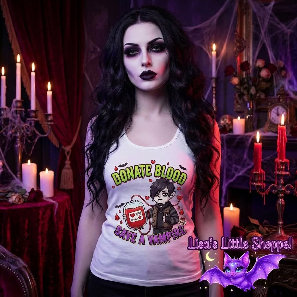 Lisa's Little Shoppe Donate Blood, Save a Vampire – Spooky Cute Vampire Racerback Tank Top
